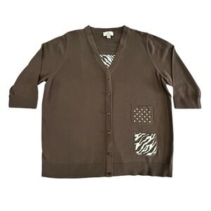 Quacker Factory 3/4 Sleeve 100% Cotton Button Up Cardigan Womens Size 1X Brown